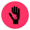 One small hand is enfolded into another larger hand, inside a bright pink circle