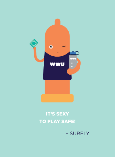 An orange condom in a WWU t-shirt holding a water bottle