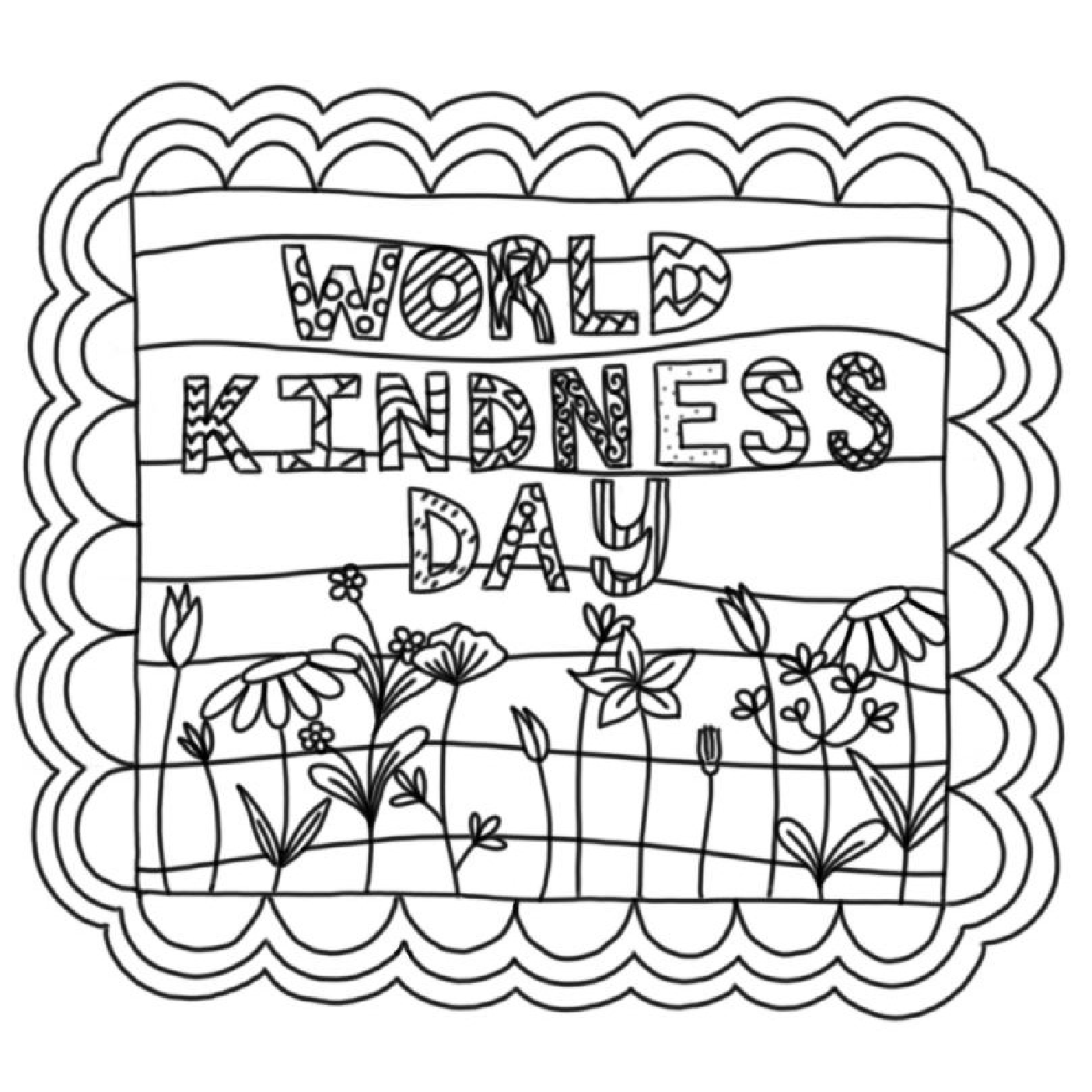 The words World Kindness Day above cartoon flowers
