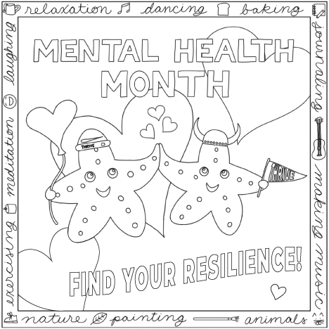 two smiling cartoon starfish touching hands and surrounded by hearts and the words Mental Health Month