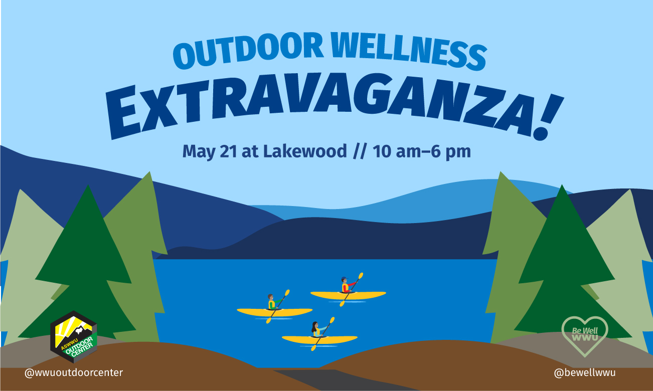 An illustration of a view of Lake Whatcom framed by evergreen trees and bordered by distant hills with the words Outdoor Wellness Extravaganza!