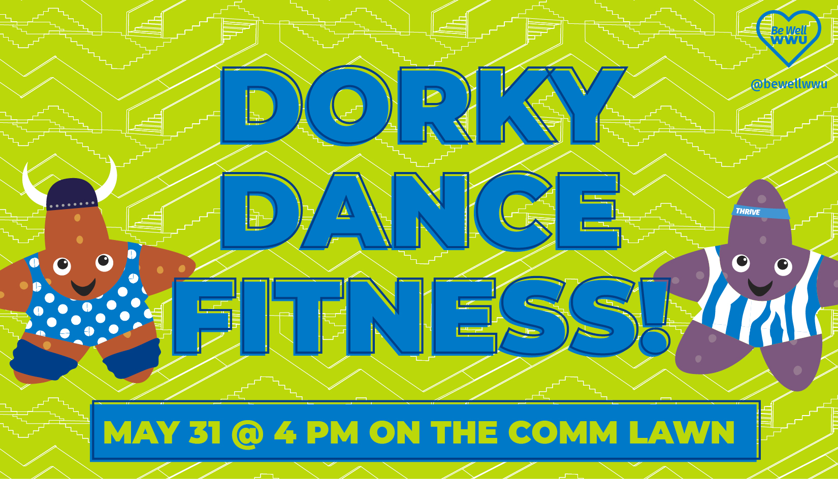Two cartoon starfish wearing retro workout gear frame the words Dorky Dance Fitness! in blue lettering on a lime-green background with an overlay of a chevron pattern