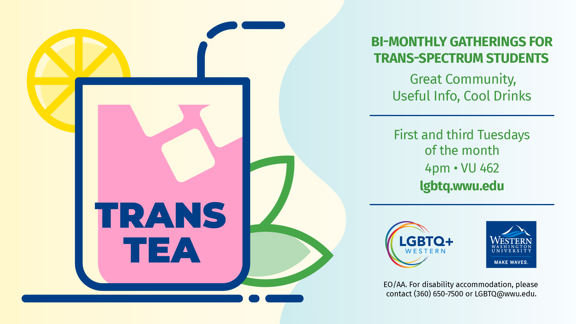 Illustration of a cup with a straw and a lemon wedge holding pink tea with ice cubes next to event details for Trans Tea