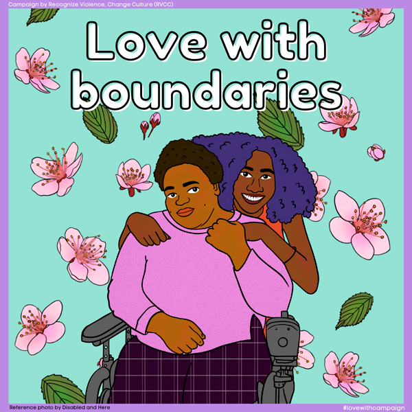 Two people hugging below the words Love With Boundaries on a light green background with flowers