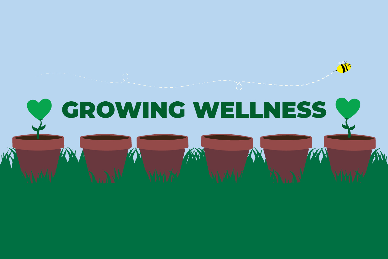 A row of six pots place in grass with green hearts growing from the left and right pots and a bumblebee flying above the words Growing Wellness