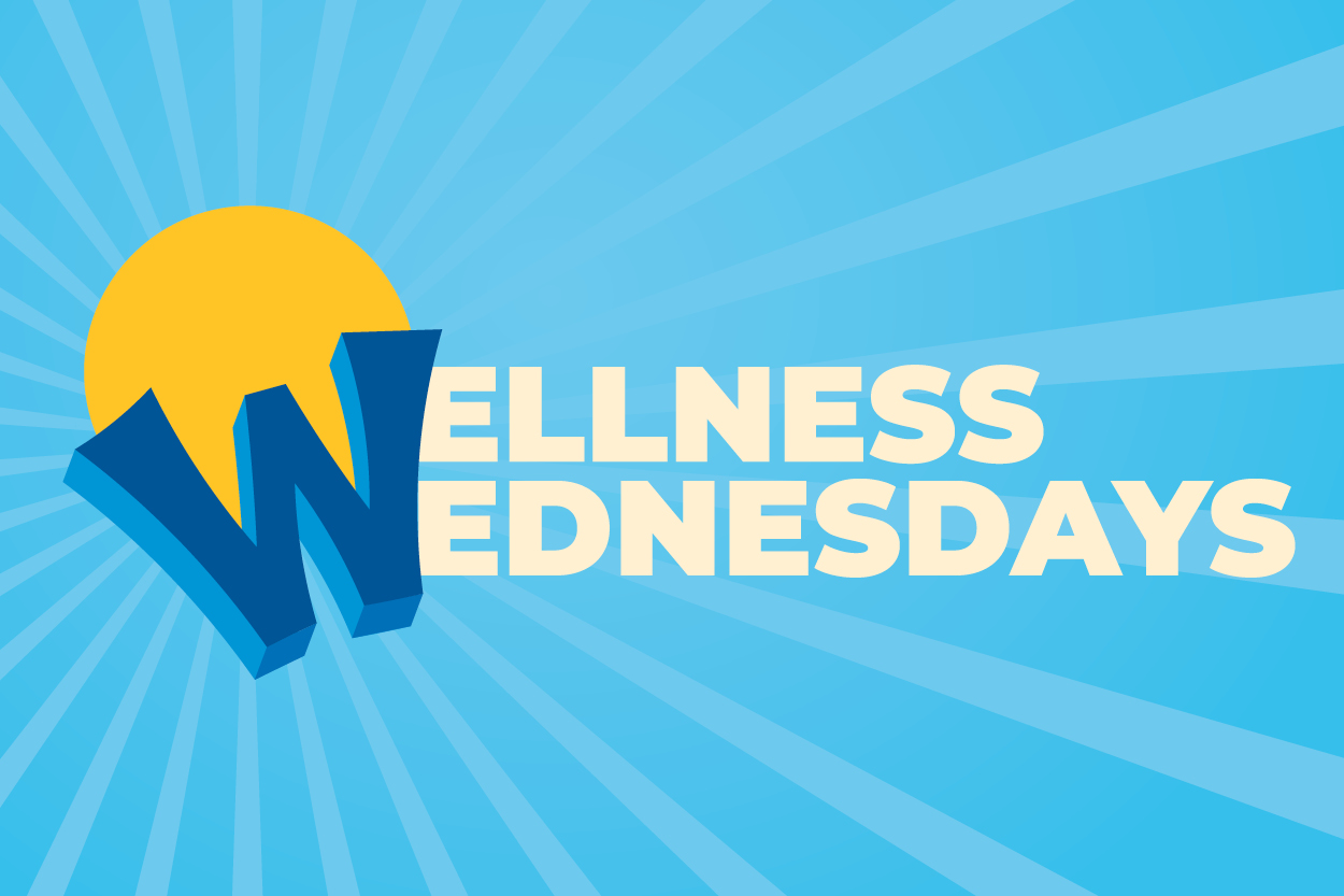 Blue 3D W with a yellow sun behind next to pale-yellow letters that spell Wellness Wednesdays on a blue striped background