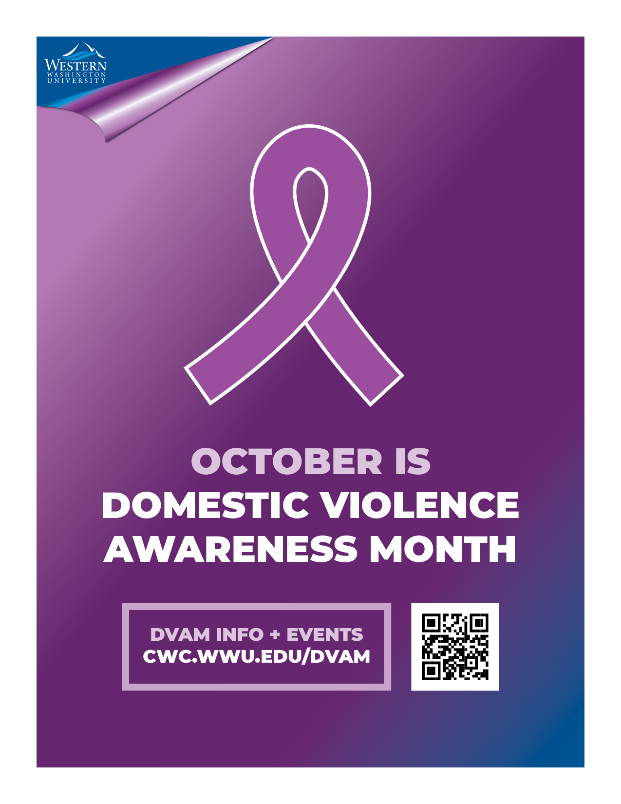 Purple ribbon on purple gradient background with the words October Is Domestic Violence Awareness Month