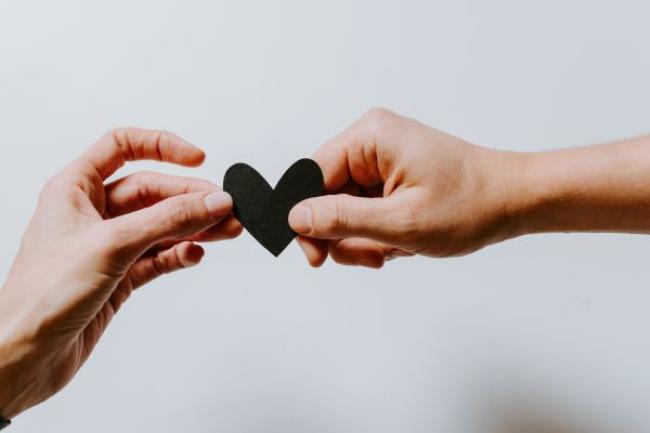 Two hands hold a small black heart between them against a white background