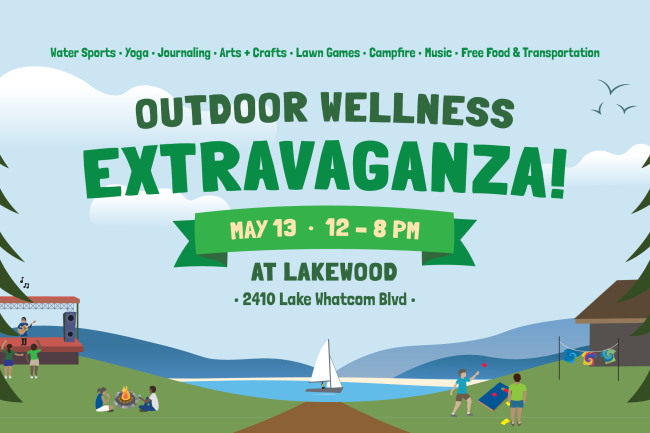 Outdoor Wellness Extravaganza is centered over people recreating at Lakewood. A green ribbon lists the event date and time. Above is a list of activities.