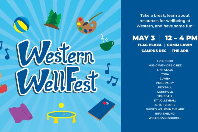 Western WellFest in blue text is surrounded by illustrations of activities on a blue background with light-blue rays. A dark-blue box lists event details.