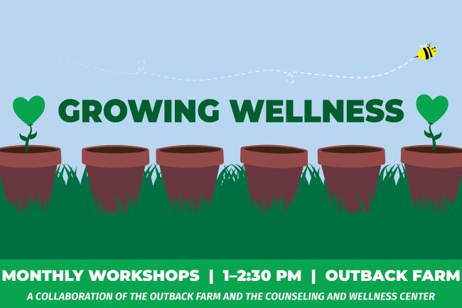 Growing Wellness in bold green text above four cartoon flower pots with a green heart sprouting from two of them.
