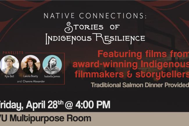 Native Connections: Stories of Indigenous Resilience with event details. Circular images of the panelists are featured in a red outlined box.