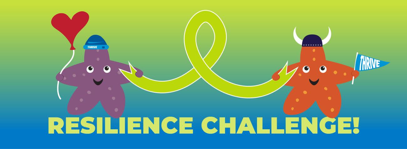 Two cartoon starfish holding a green ribbon and standing on the words Resilience Challenge