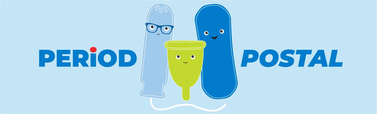 A blue tampon wearing glasses, green menstrual cup, and dark-blue pad between the words Period Postal on a light-blue background