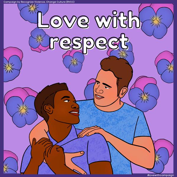 Two people hugging and smiling at each other below the words Love With Respect on a purple background with flowers