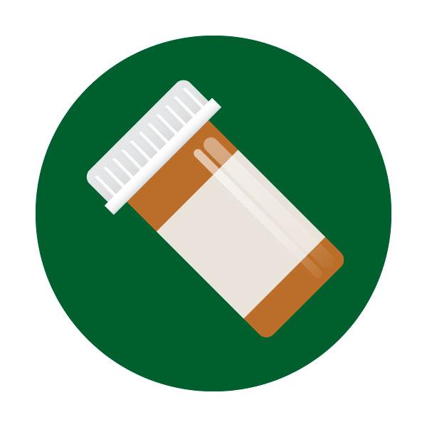 A prescription bottle tilted to the left on a green background