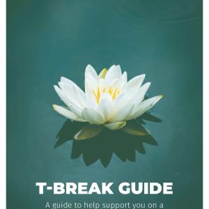 A white lotus flower floats in water above the title T-Break Guide in bold white letters