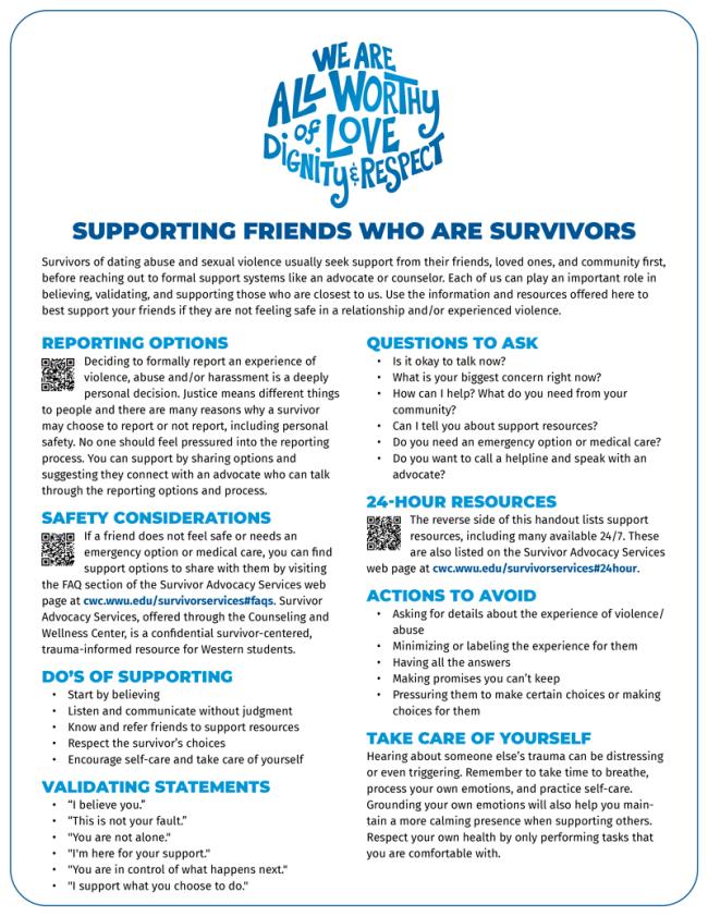 First page of the Supporting Friends Who Are Survivors handout