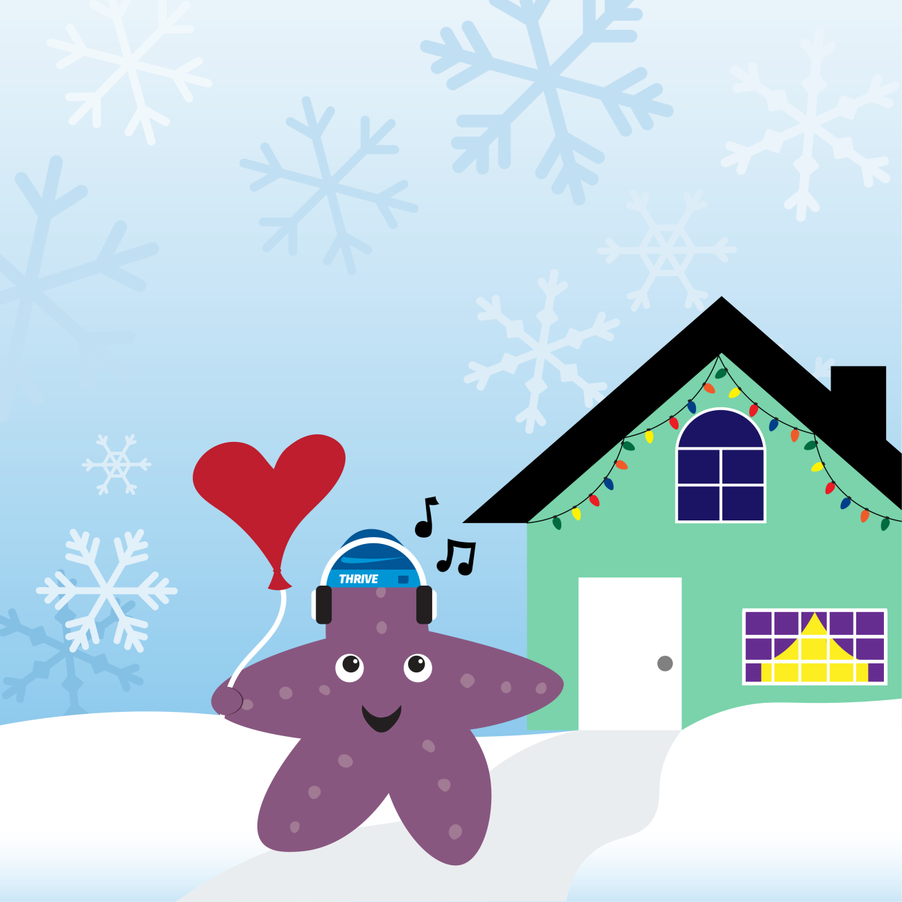 A purple starfish wearing a knit hat and holding a red heart-shaped balloon on a snowy hill in front of a house decorated with holiday lights framed by snowflakes