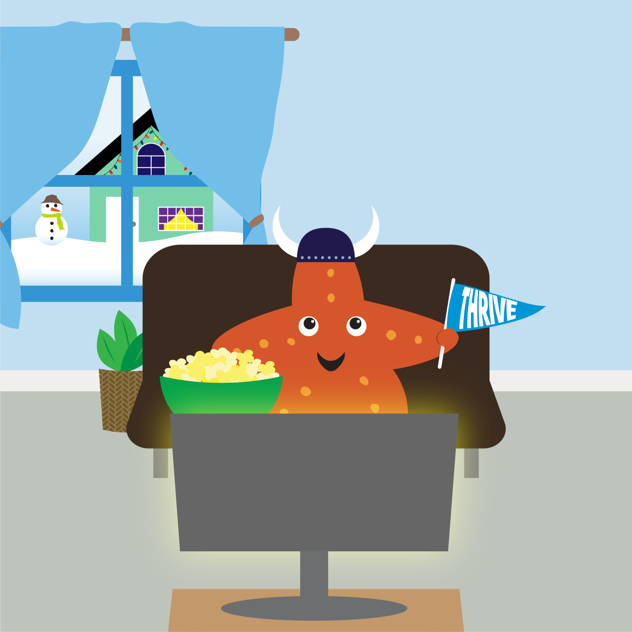 An orange starfish holding a green bowl of popcorn and a blue THRIVE pennant sitting on a brown couch in front of a blue wall and a window looking out on a snowy scene while watching a TV 