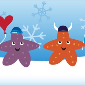 A purple starfish wearing a knit hat and holding a red heart-shaped balloon standing next to an orange starfish wearing a viking hat on a snowy hill framed by snowflakes