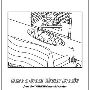 Front of the Winter Break Coloring Sheet pdf with a scene of a cat curled up on a rug in front of a fire