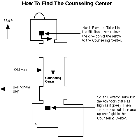 Arrows point to the three routes to take to visit the Counseling Center in Old Main.