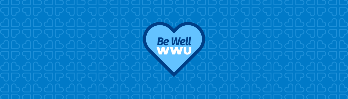 Be Well WWU in a blue heart on a blue background filled with semi-transparent hearts