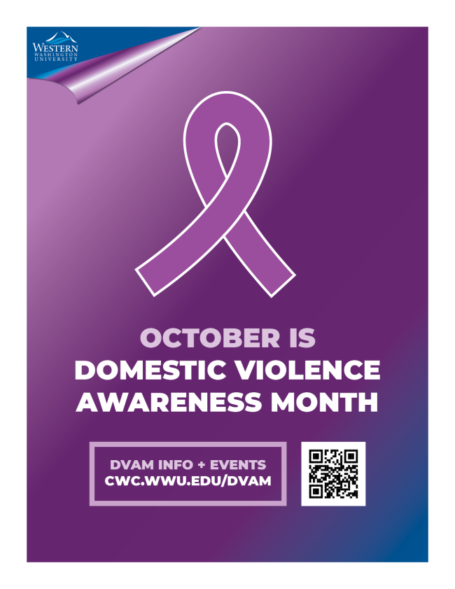 Purple ribbon on purple gradient background with the words October Is Domestic Violence Awareness Month